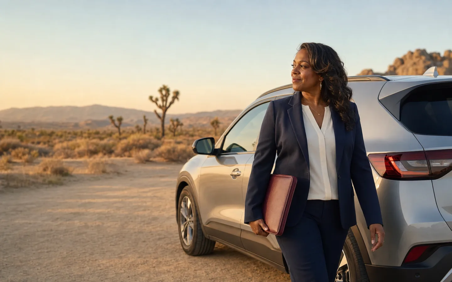 A mobile notary carrying a professional folio in the Antelope Valley
